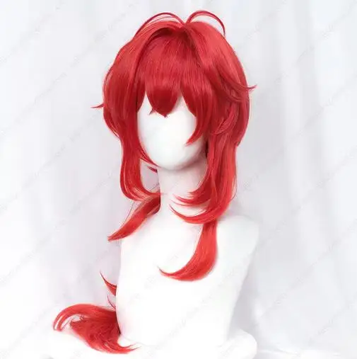 Diluc Cosplay Wig 60cm Long Red Wig Heat Resistant Synthetic Wigs Halloween Carnival Party