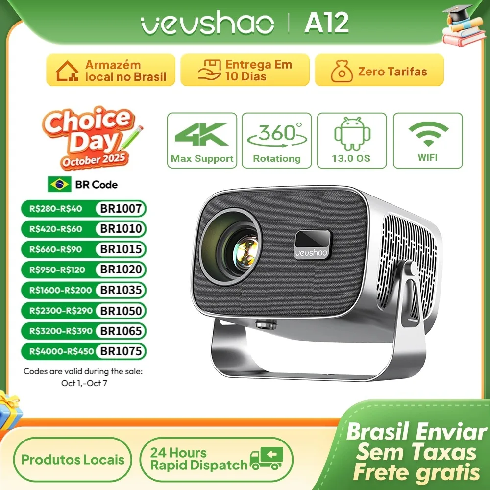 Vevshao a12 projetor mini portátil led vídeo android 13.0 wifi 6 espelho smartphone para 1080p 4k vídeo projetor de cinema em casa