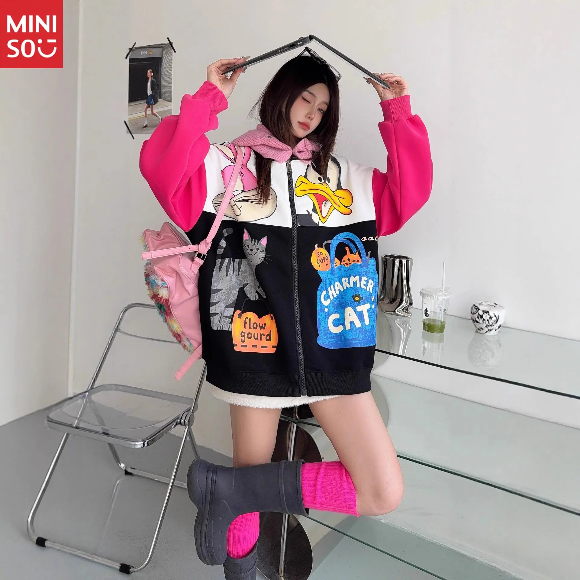 

Disney Design Sense Cartoon Splicing Printed Stand-up Neck Sweater Women's Loose Casual Cardigan Top with Detachable Sleeves