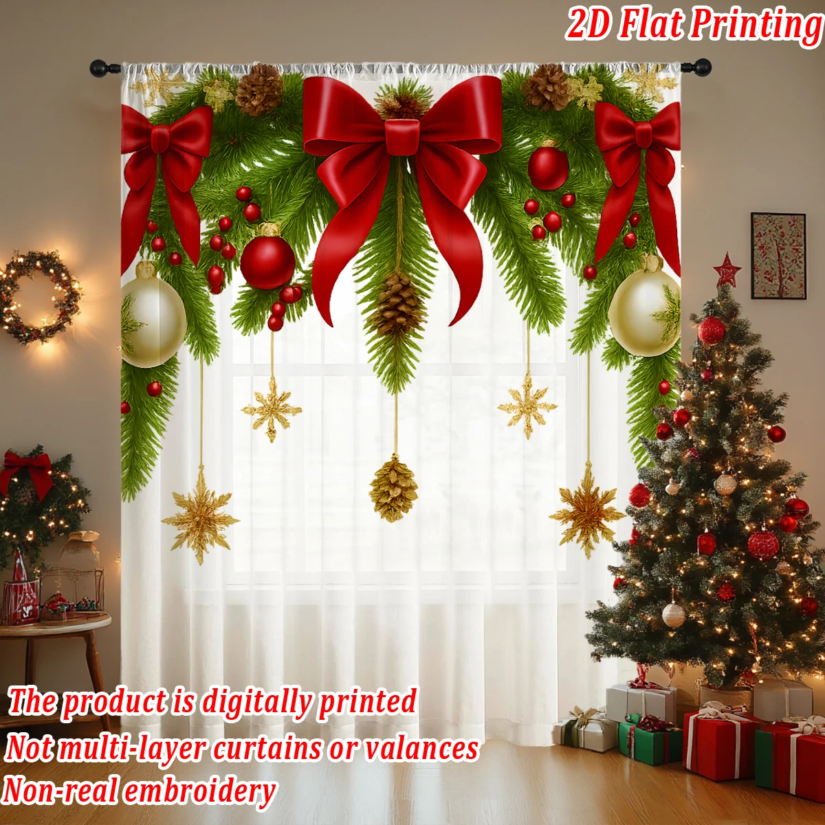 

Christmas Flat Printing Sheer Curtain with Christmas Ball Snowflak Bow Pine Branch Berry for Living Room Decor Holiday Party