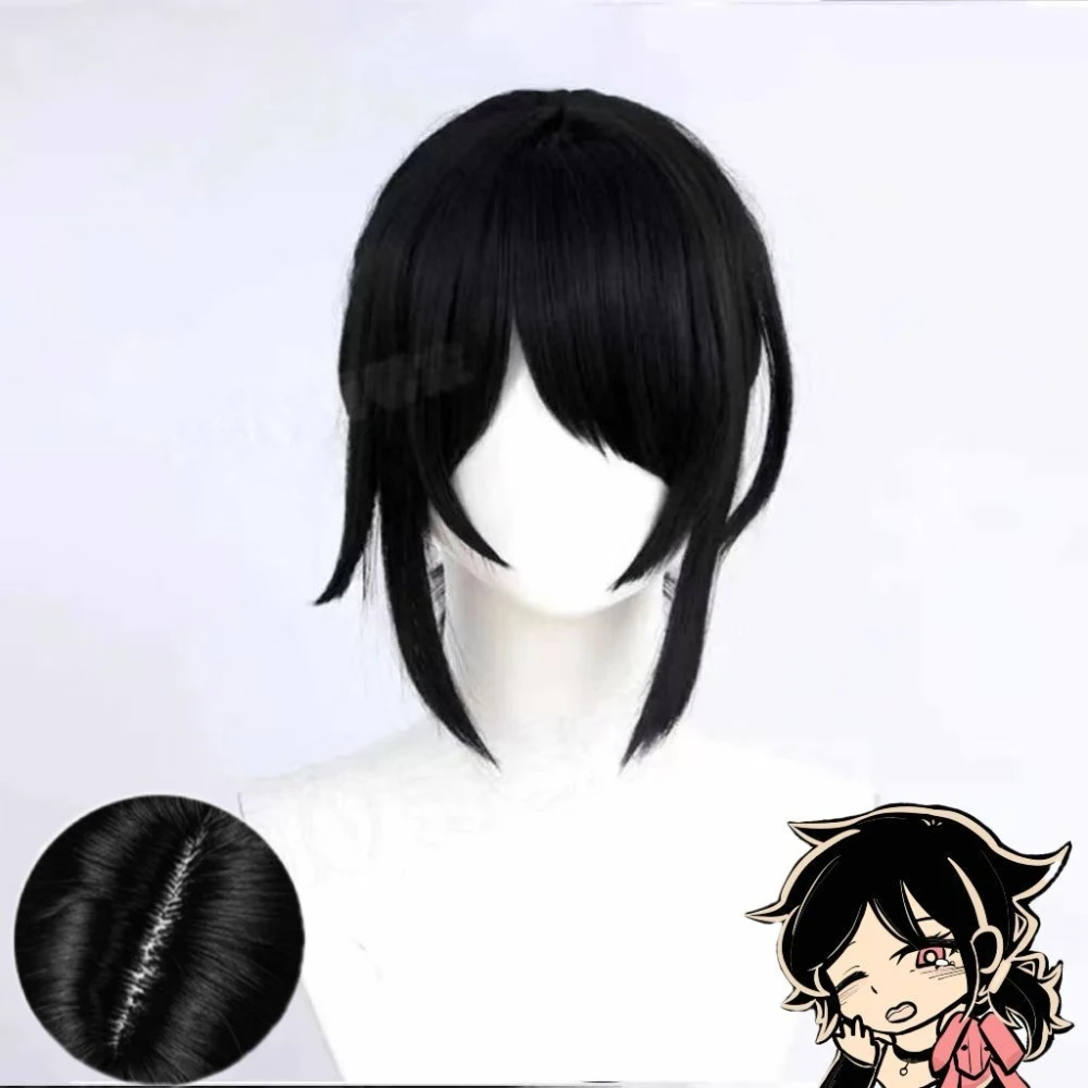 Ashley Cosplay Wig Ponytail Style Rose Net Cap Black Medium Length Hair Heat Resistant Synthetic Fiber Wig For Halloween Party