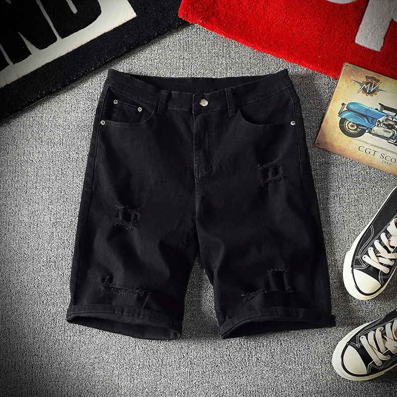 Men White Denim Shorts Summer Holes Casual Shorts Stretch Jeans Men Cotton Solid Slim Fit Shorts Pants Elastic Knee Length Pants