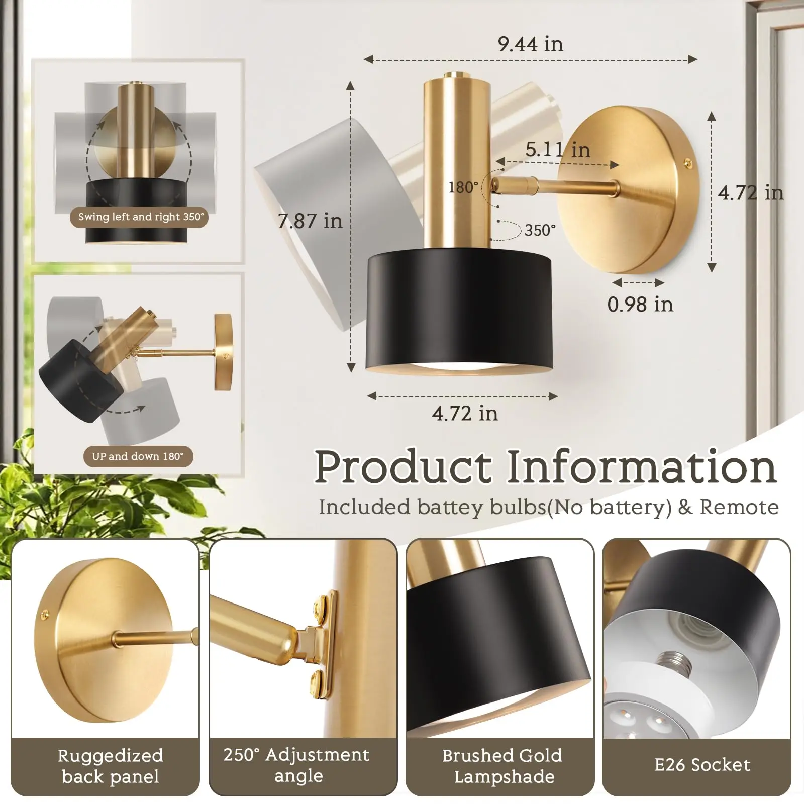 Battery Operated Wall Sconces Set of 2, Modern Wireless Black Wall Lights Fixtures,Cordless Wall lamp with Memory Function