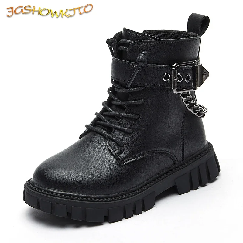 

Children New Boots Soft-soled Girls Tide Boots Autumn and Winter Warm British Style Boys Leather Boots Student Metal Chain Hot