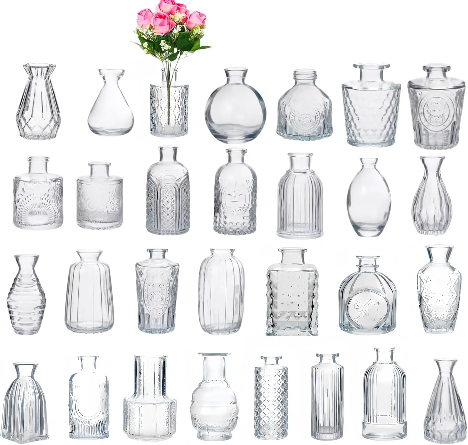 

Vintage Glass Bud Vases Set 30, Clear, Sturdy, Unusual Shapes, Perfect For Centerpieces, Weddings, Parties