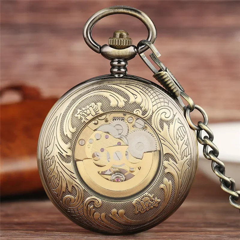 Bronze Automatic Mechanical Pocket Watch Men Women Retro Hollow Out Carving Roman Numeral Transparent Glass Cover Fob Chain Gift