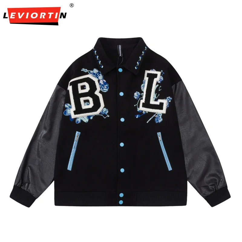 

Hip Hop Letter Embroidery Sleeve PU Leather Jacket Mens Autumn Winter Casual Streetwear Loose Lapel Long Sleeve Baseball Jacket