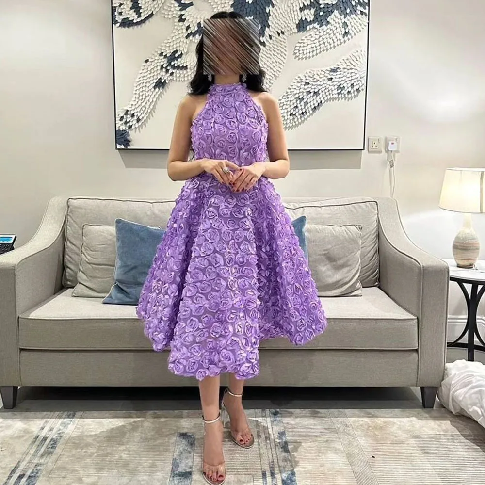 CustomizedHalter A-line Prom Gown Tea-Length Backless Party Dresses Simple 3D Handmade Flowers Cocktail  فساتين للحفلات الراقصة