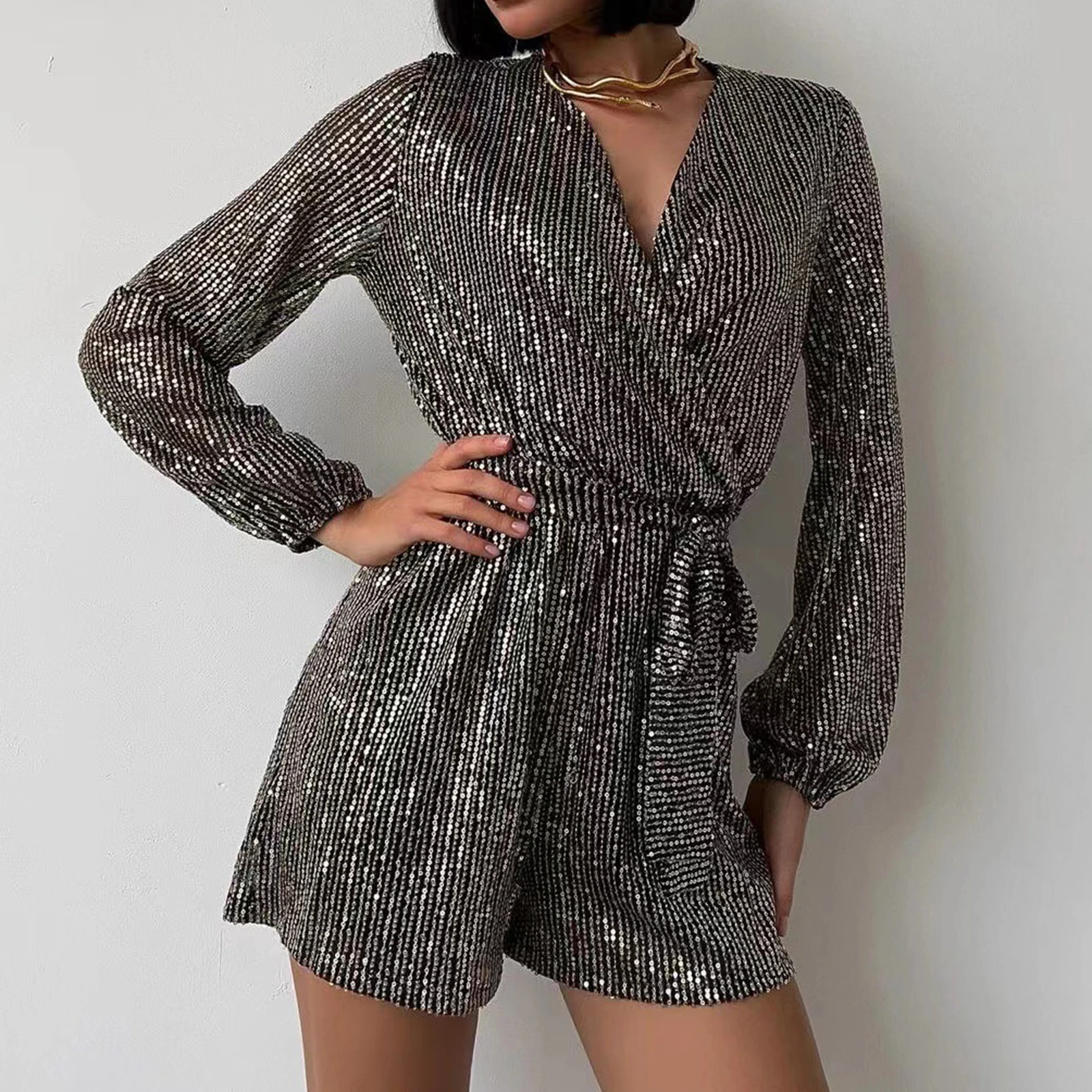 

Women's New Shorts Jumpsuits Fashion Elegant Party Dress-Up Sequin Jumpsuits Sexy V-Neck Long Sleeve Shiny Lace-Up Short Romper