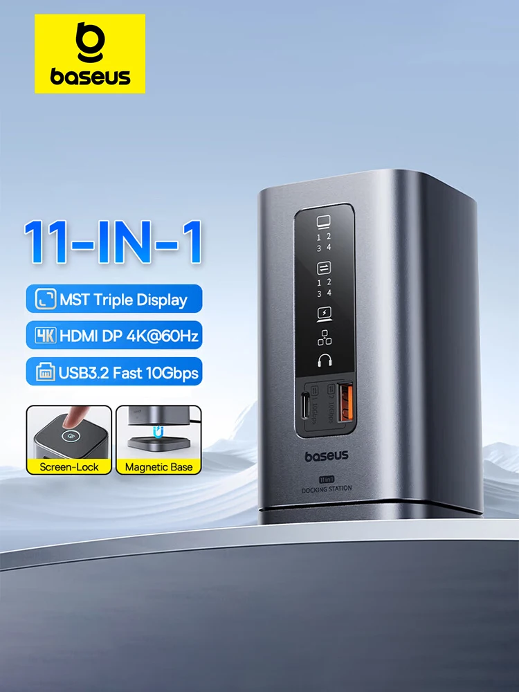 Baseus 11-IN-1 USB C HUB HDMI DP 4K@60Hz MST drievoudig display USB 3.2 splitter met RJ45 3,5 mm microfoon PD100W magnetisch dockingstation - afbeelding 2