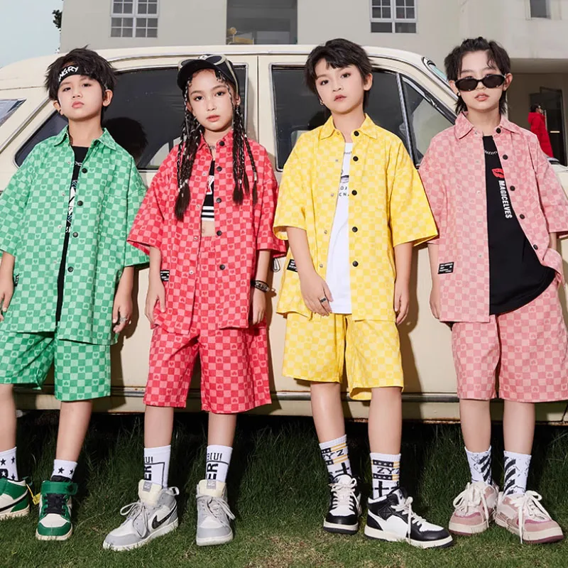 

Одежда для сцены в стиле хип-хоп для подростков, футболка с клетчатыми лацканами, топ, уличная одежда, шорты для девочек и мальчиков, Kpop, костюм для джазовых танцев, одежда