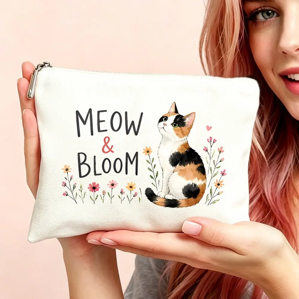 Meow Bloom Calico Cat Cosmetic Bag Suitable Women Zipper Closure Toiletry Pouch with Calico Cat Print Compact Travel Makeup Gift