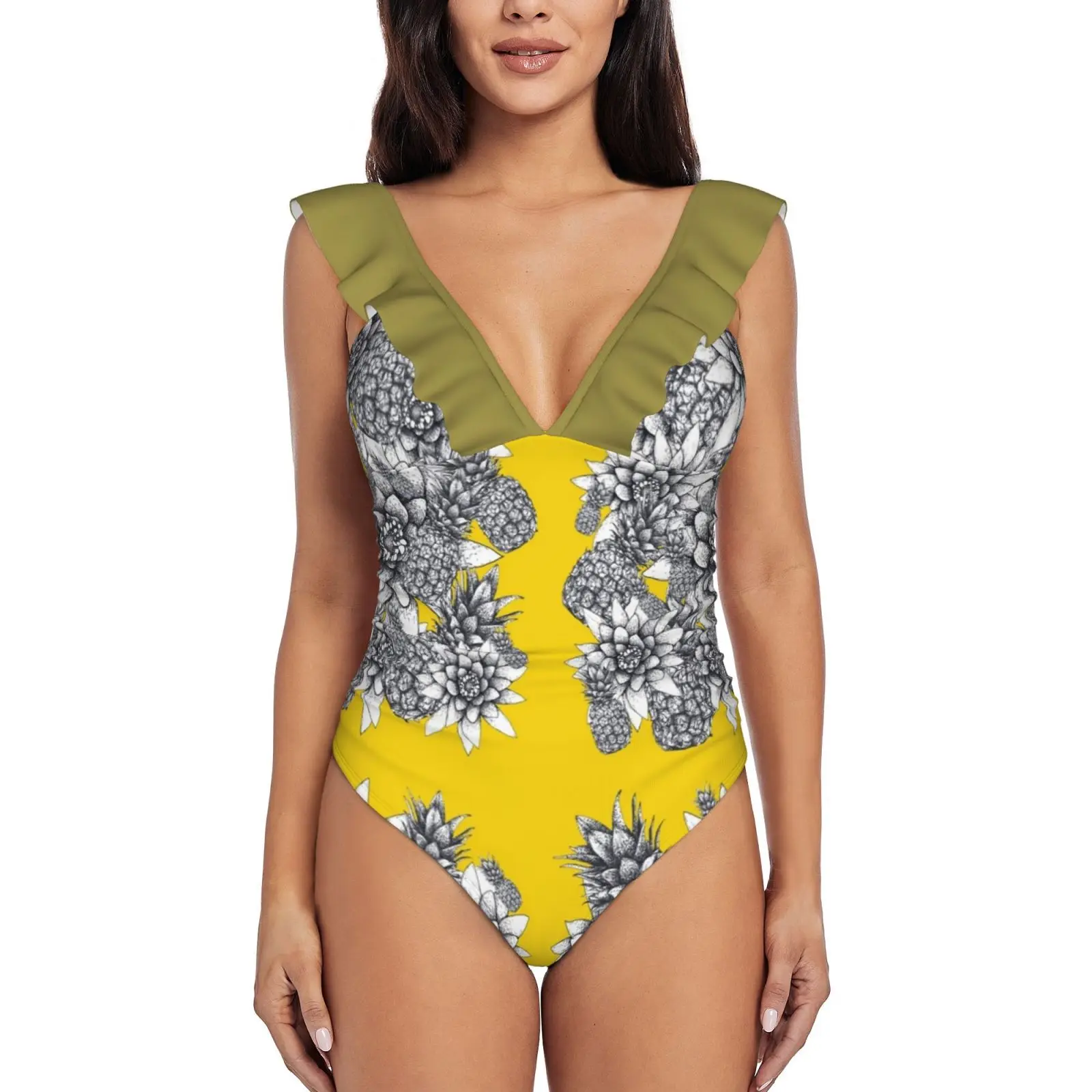 Pineapples And Lilies Sexy One Piece Swimsuit Women Swimwear Monokini Ruffle Bathing Suit Beach Wear Tropical Beach Summer