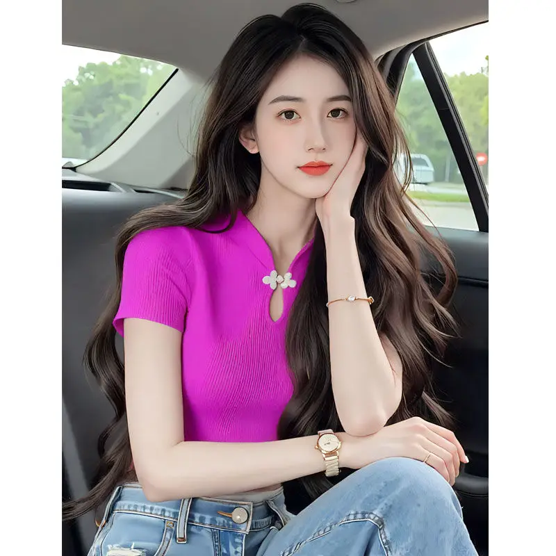 패셔너블한 여성용 뉴 슬레 탑 버튼 레트로 에스닉 슬레 다용도 베이스 탑 한국 스타일 라운드 넥