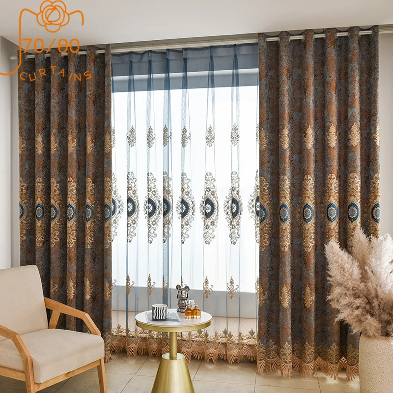 Retro European Grey Blue Embroidered Window Screen Chenille Jacquard Curtains for Living Room Bedroom Villa Customized Products