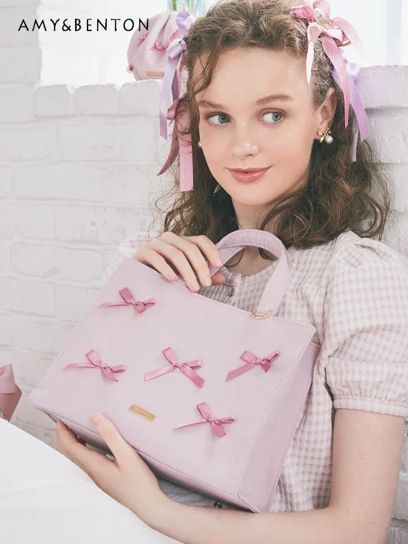 Japanese Sweet Temperament Princess Cosmetic Bag Cute Bow Ribbon Tote Bag Women Handbags Fashion Versatile Kawaii Make Up Bag