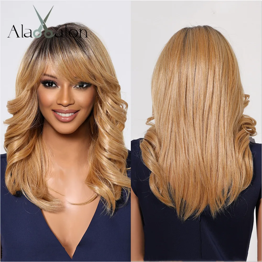 ALAN EATON Golden Wavy Synthetic Wigs with Bangs Ombre Blonde Wigs Medium Length Fluffy Realistic Hair Daily Use Heat Resistant