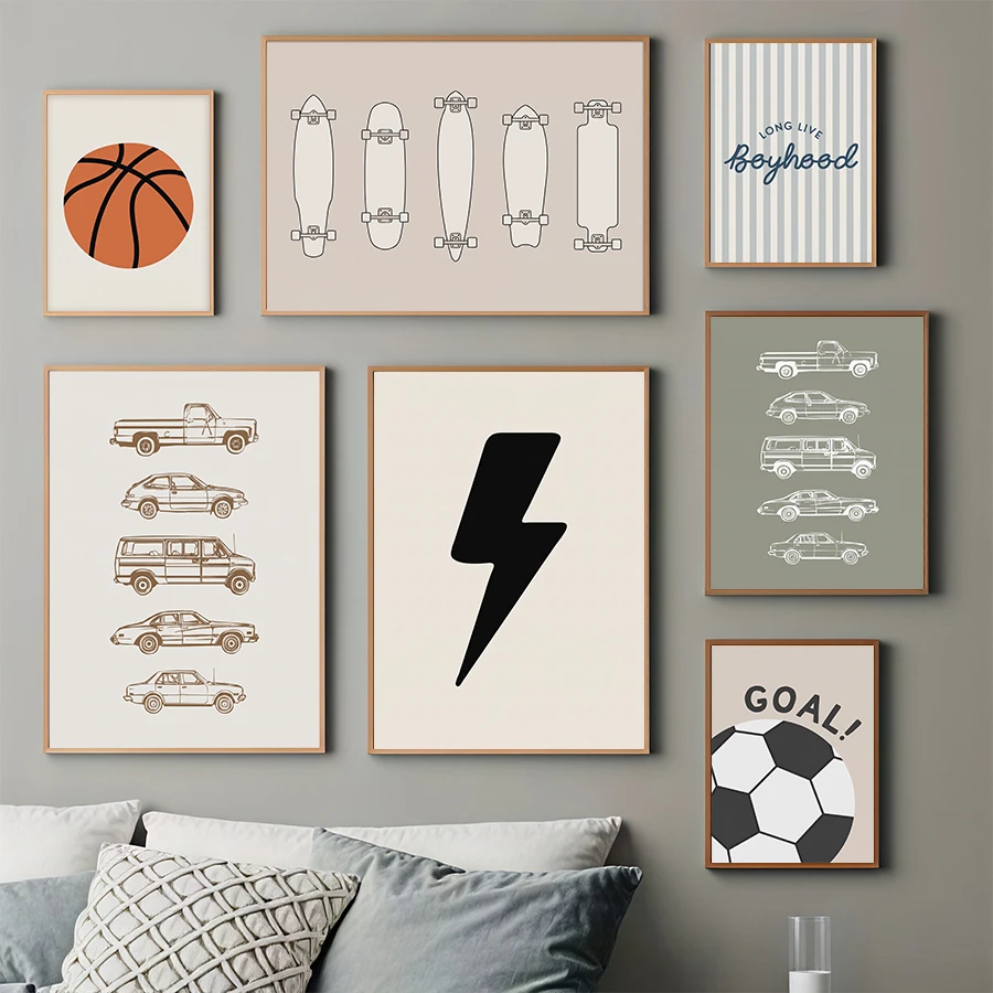 Boys Neutral Room Wall Art Prints Vintage Car Skateboard Sport Ball Poster Minimalist Stripe Wall Decor for Toddler Bedroom