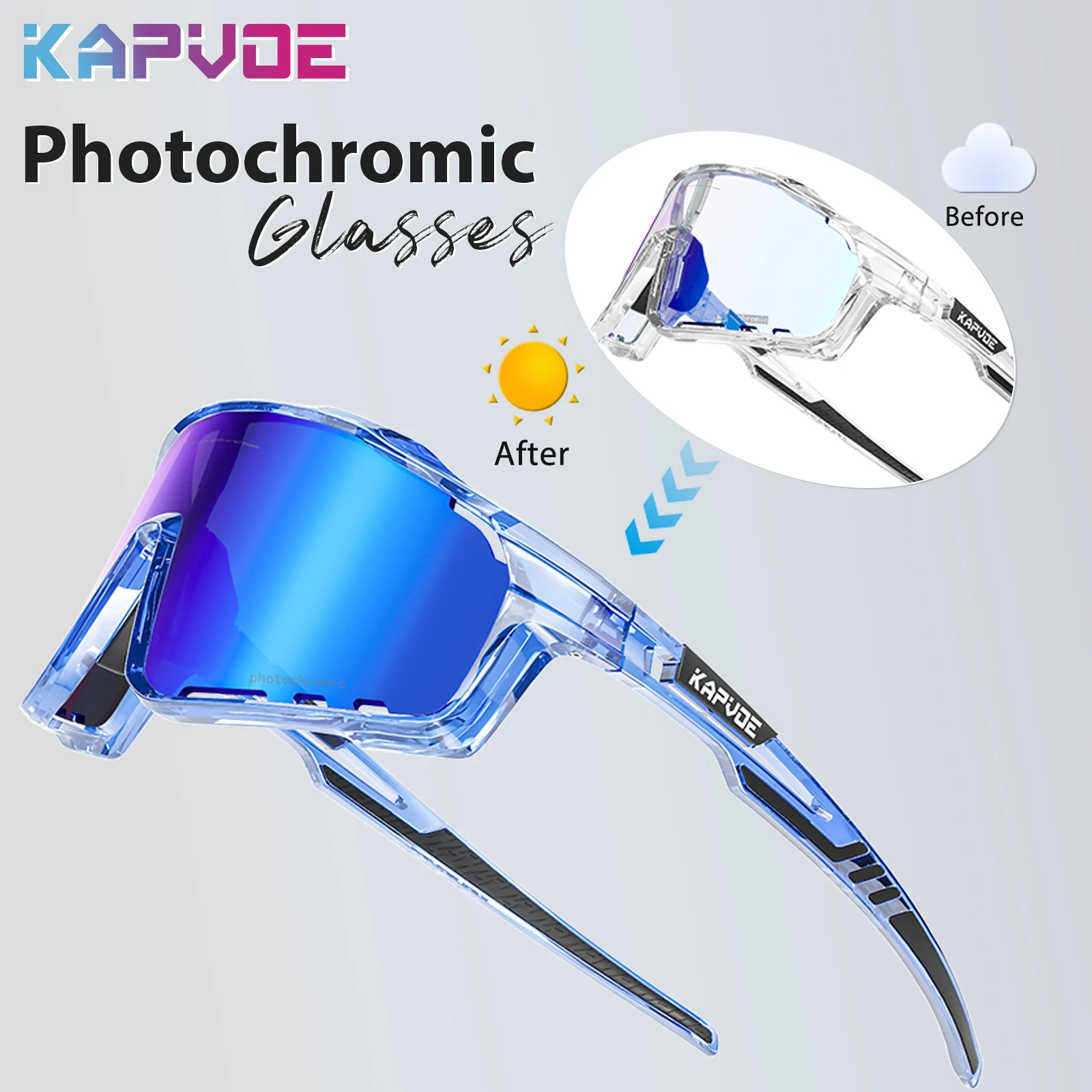 Kapvoe The World\'s First Photochromic Frame Glasses Outdoor Cycling Sunglasses Men Women Road Bicycle Sports UV400 Goggles New