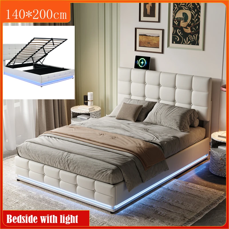 Struttura letto matrimoniale Anajqaqia 140x200 cm, con illuminazione a LED e contenitore per letto idraulico, bianco
