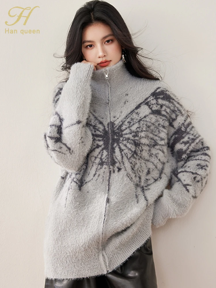 H Han Queen 2024 Winner Elegant Colorblocked Knitwear Womens Cardigan Simple Vintage Sweater Women Korean Loose Lazy Outerwears