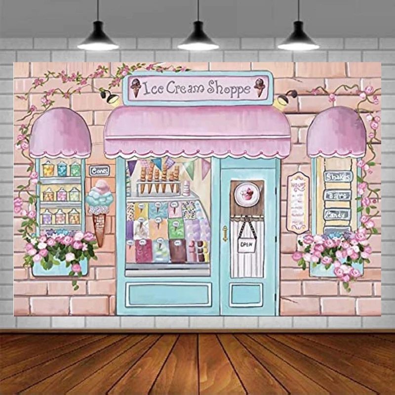 Ice Cream Shop Photography Backdrop Pink Flower Sweet Candy Background Birthday Party Decor Baby Kids Photo Shoot Studio Props