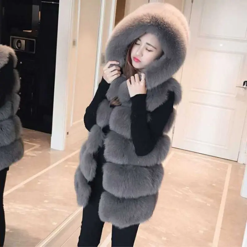 Female Fashion Faux Rabbit Fur Vest High-end Women Knitted Sleeveless Vests Ladies Casual Raccoon Fur Collar Fur Jacket Q437