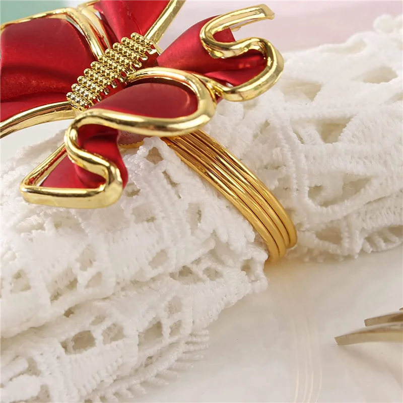 AB47-30 Pieces Red Bowknot Napkin Rings, Butterfly Knot Napkin Ring Holders Handmade Metal Napkin Buckles Elegant Table Decor