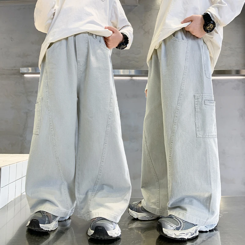 

Loose Casual Kids Child Beige Color Cargo Pants With Pocket for Tween Boys New Spring Autumn Wide Leg Cotton Trousers Age 5-14 Y