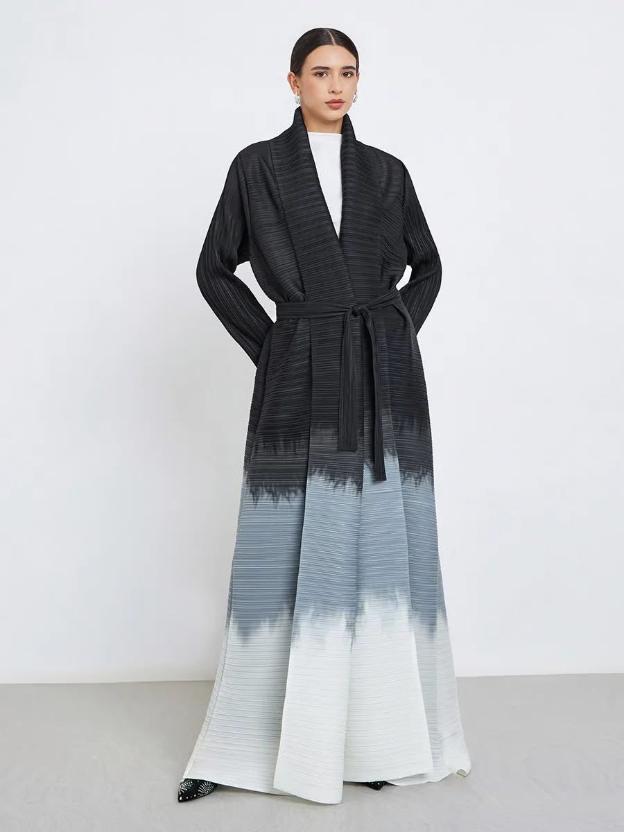Fold Black White Gray Gradient Pleated Abaya Belted Waist Soft Fabric Elegant Robe 2025 Trendy Casual Daily Wear Chic Ensemble