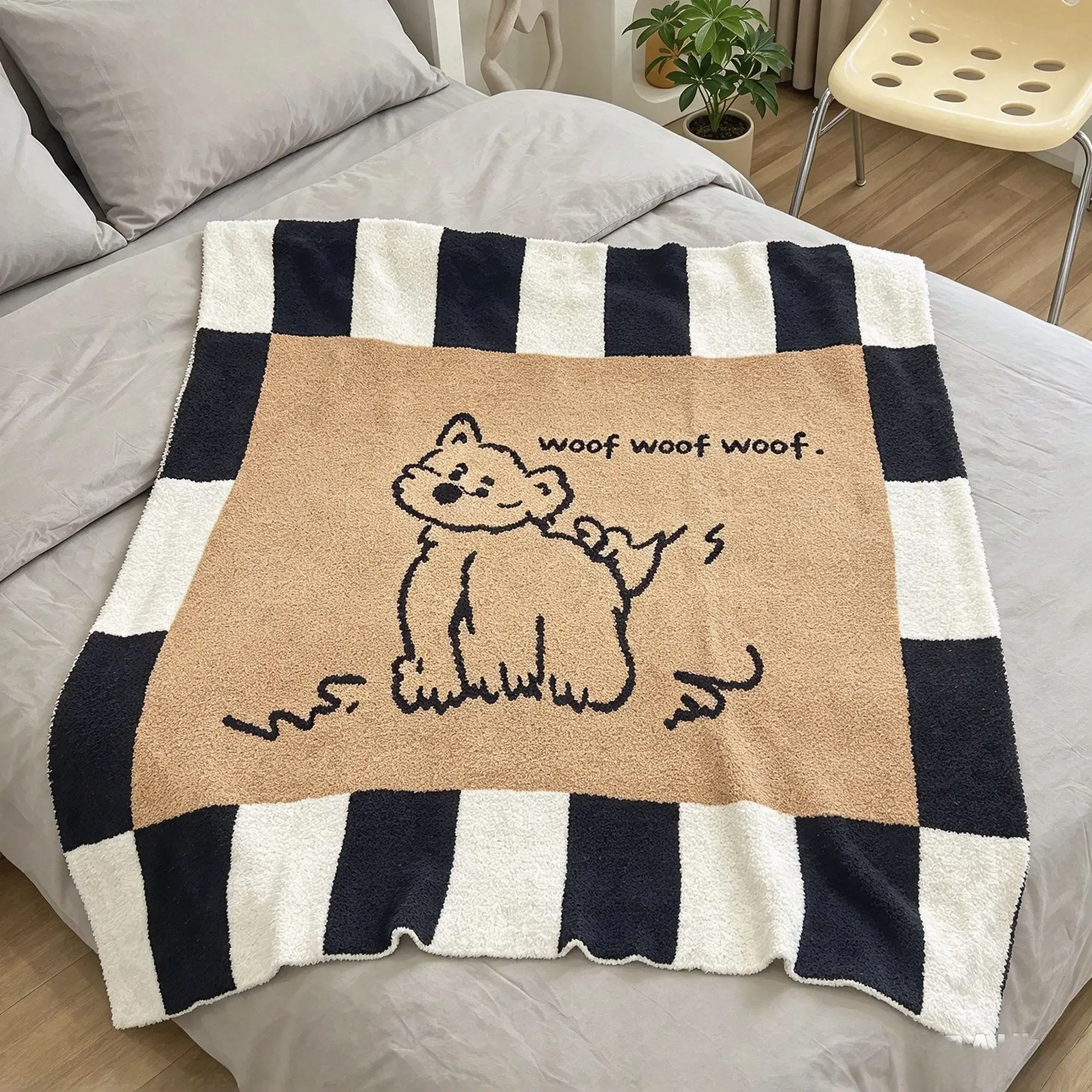 Cute Woof Dog Half Fleece Throw Blanket Lightweight Cozy Nap Air Conditioning Blanket for Sofa Bedroom