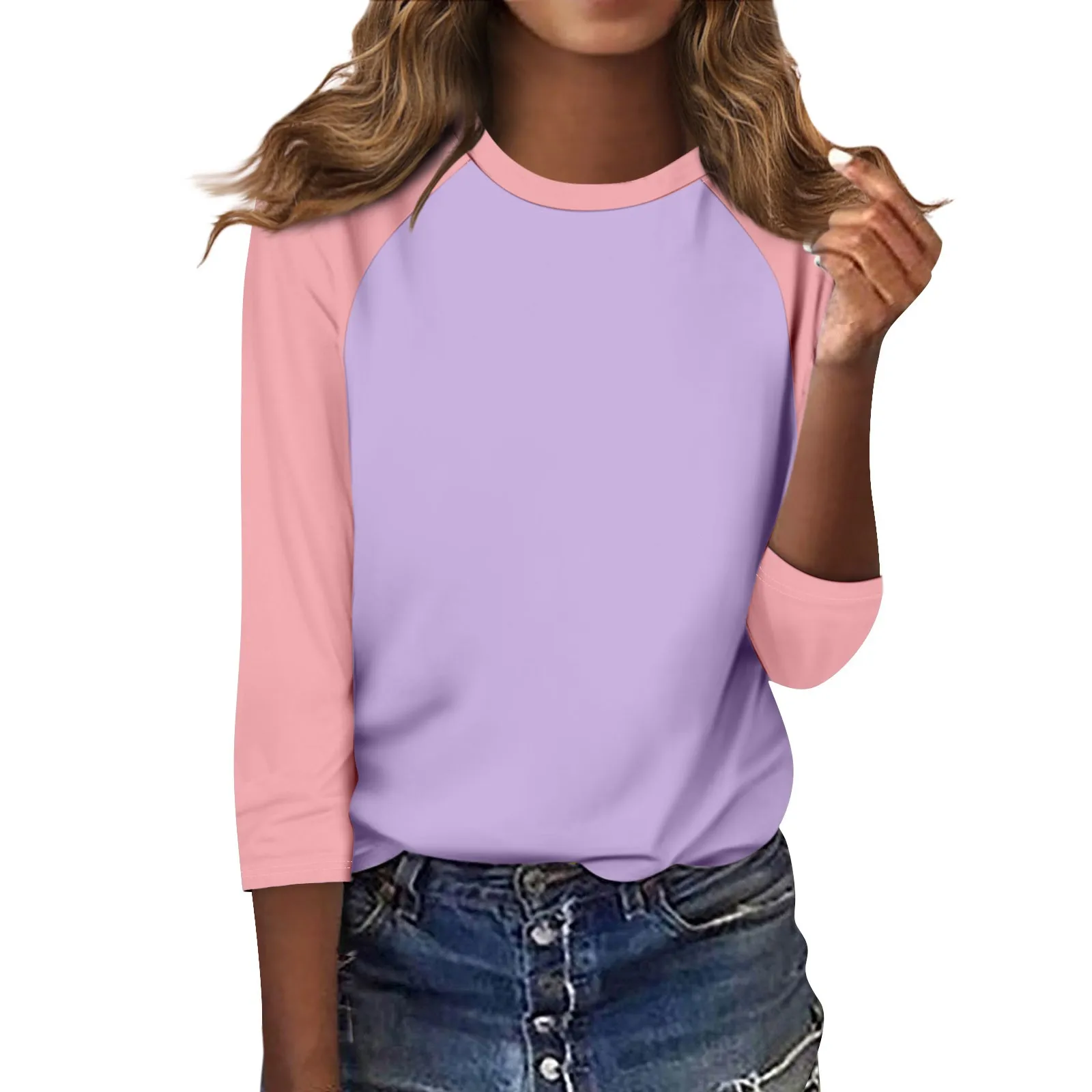 Girls' Fresh Fashion Casual Color Blocking Raglan Sleeve O-neck 3/4 Colourful Versatile Basic Shirt Summer Skinny Versatile Top