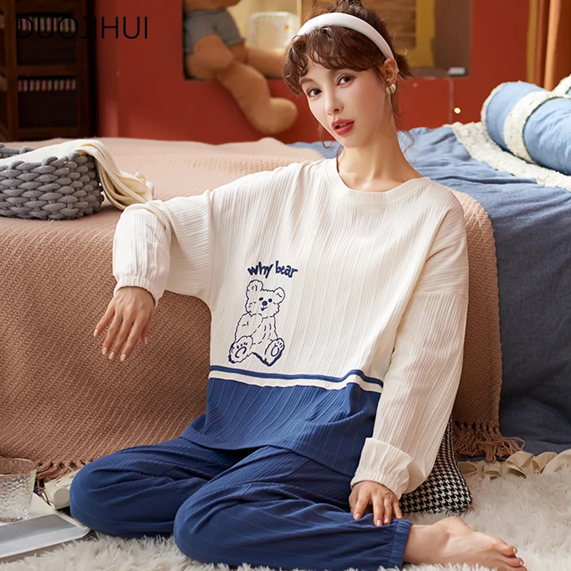 DUOJIHUI Spring Two Piece Fashion Casual Home Pajamas for Women Korean Classic O-neck Pullovers Simple Pant Female Pajamas Set