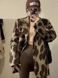 Leopard Patterned Blazer Tweed Jacket Woolen Coffee Suit Coat Women Autumn Spring Winter Elegant Female Loose Overcoat Outerwear