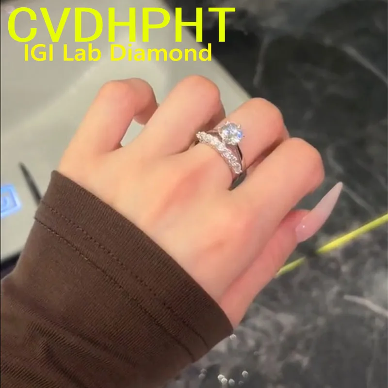 One set Ring Luxury Soild 18K White Gold RingIGI Lab Growing Diamond Ring Round D Color 1 2 3Ct wedding ring Factory sell ﻿