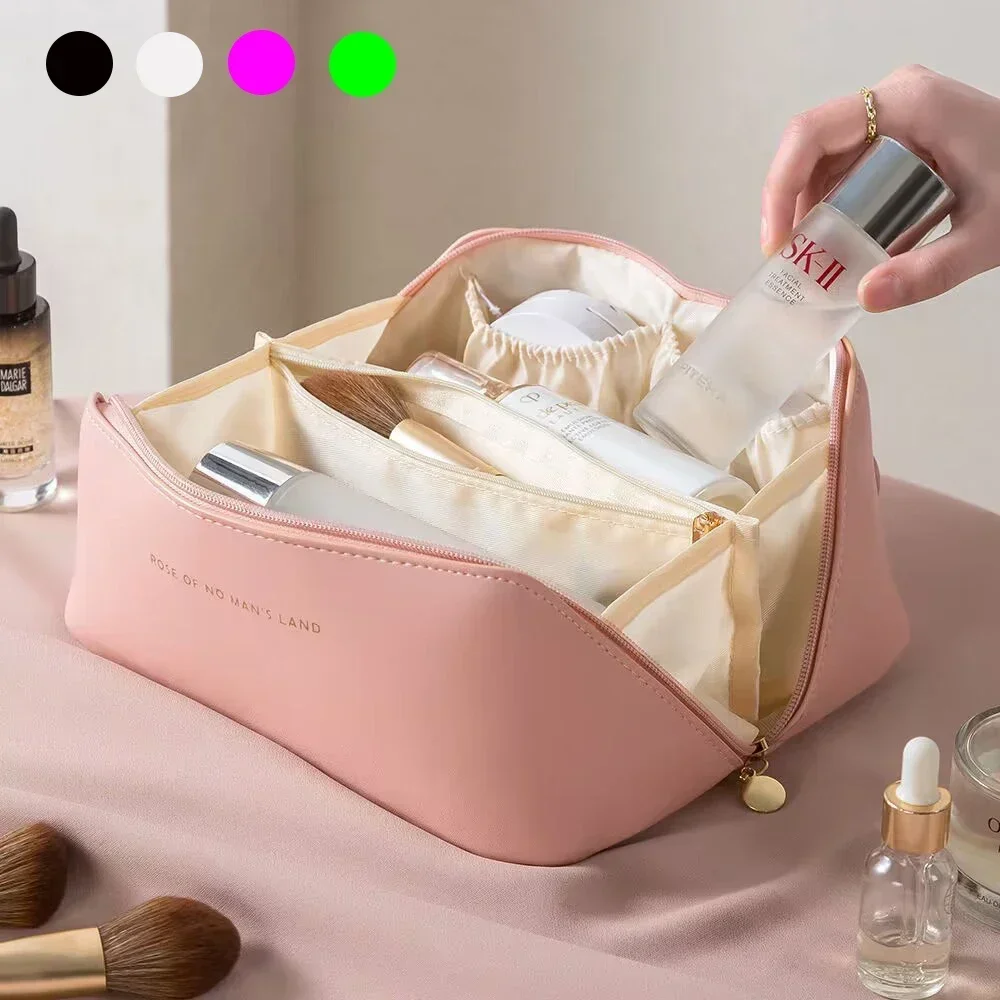 

Large Travel Cosmetic Bag for Women Leather Makeup Organizer Female Toiletry Kit Bags Make Up Case Storage Pouch Luxury Lady Box