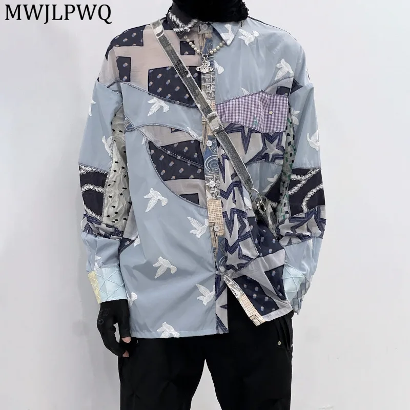 

MWJLPWQ Patchwork Design Long Sleeve Shirt For Men High Street Printed Single Breasted Loose Casual Autumn Tops 2025 New 11681