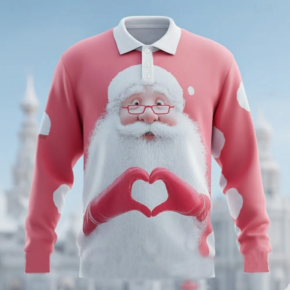 

Creative Santa Clause Long Sleeve Polo Shirts For Men 3D Printed Christmas Elements Casual Button Pullover Autumn Winter Clothes