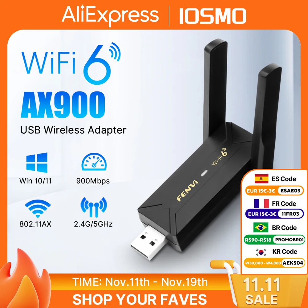 

FENVI WIFI 6 AX900 BT 5,4 Адаптер с двойной антенной 2 в 1 Dongle Беспроводная внешняя сетевая карта Wlan для Windows 10/11 Driver Free