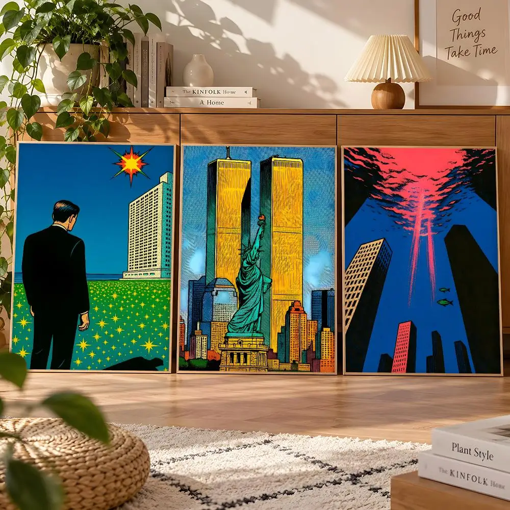 Retro Cosmic Pictures Retro Futurism Space City Landscape Poster Matte Self Adhesive Wall Art Waterproof Room Decoration Bedroom