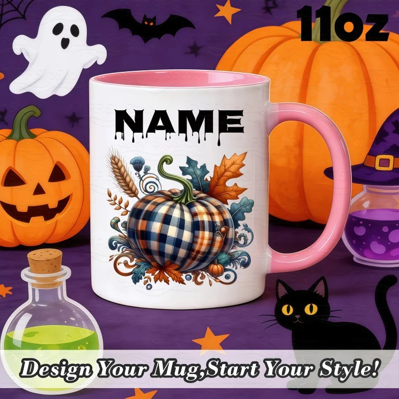 Customizable Name Halloween 11oz Ceramic Coffee Mug Buffalo Plaid Pumpkin Autumn Leaves Wheat Pattern Heavy Duty Mug for Fall Ho