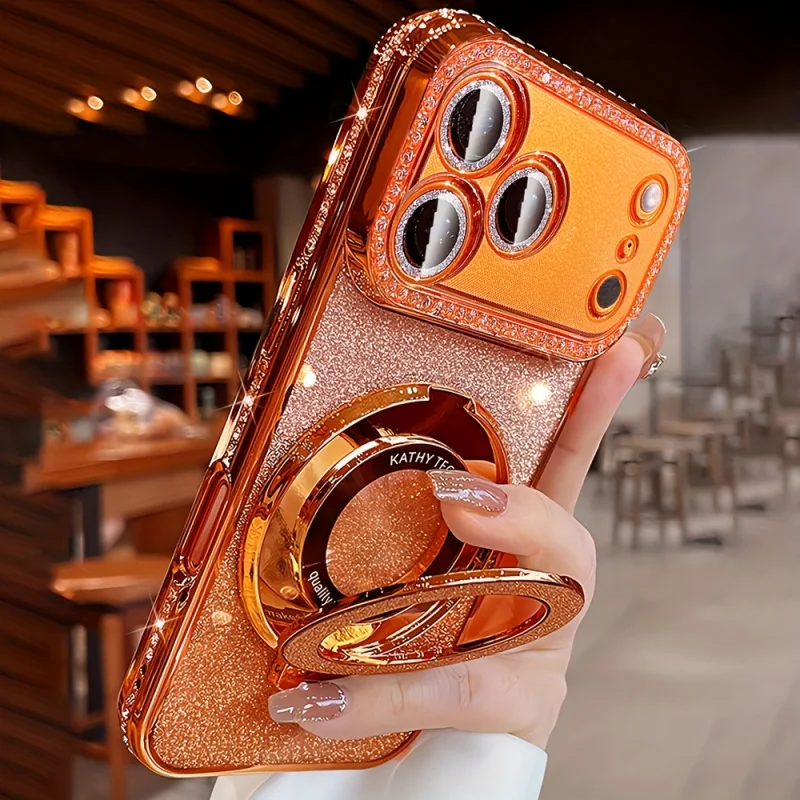 Luxury Diamond Gradient Glitter Ring Holder Phone Case For iPhone 17 16 15 14 13 Pro Max Plating Metal Bracket Shockproof Cover