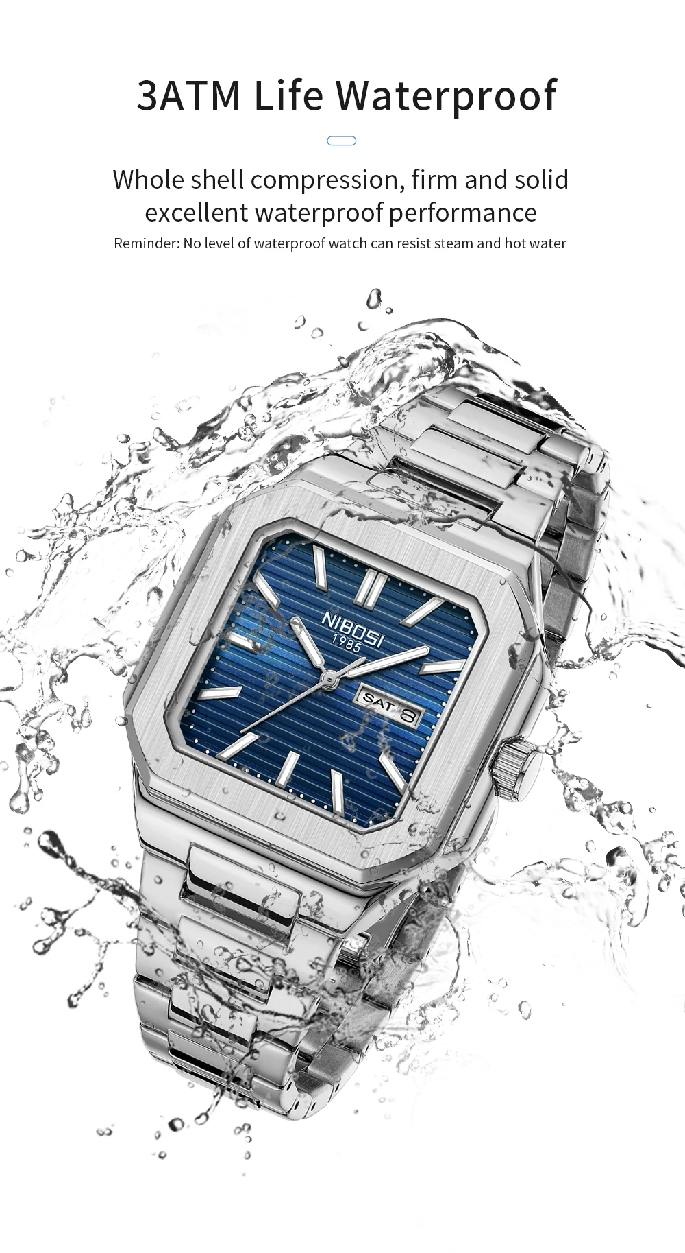 NIBOSI Luxury Watches For Men Date Week Stainless Steel Waterproof Luminous Square Man Clock Fashion Casual Men's Quartz Watches