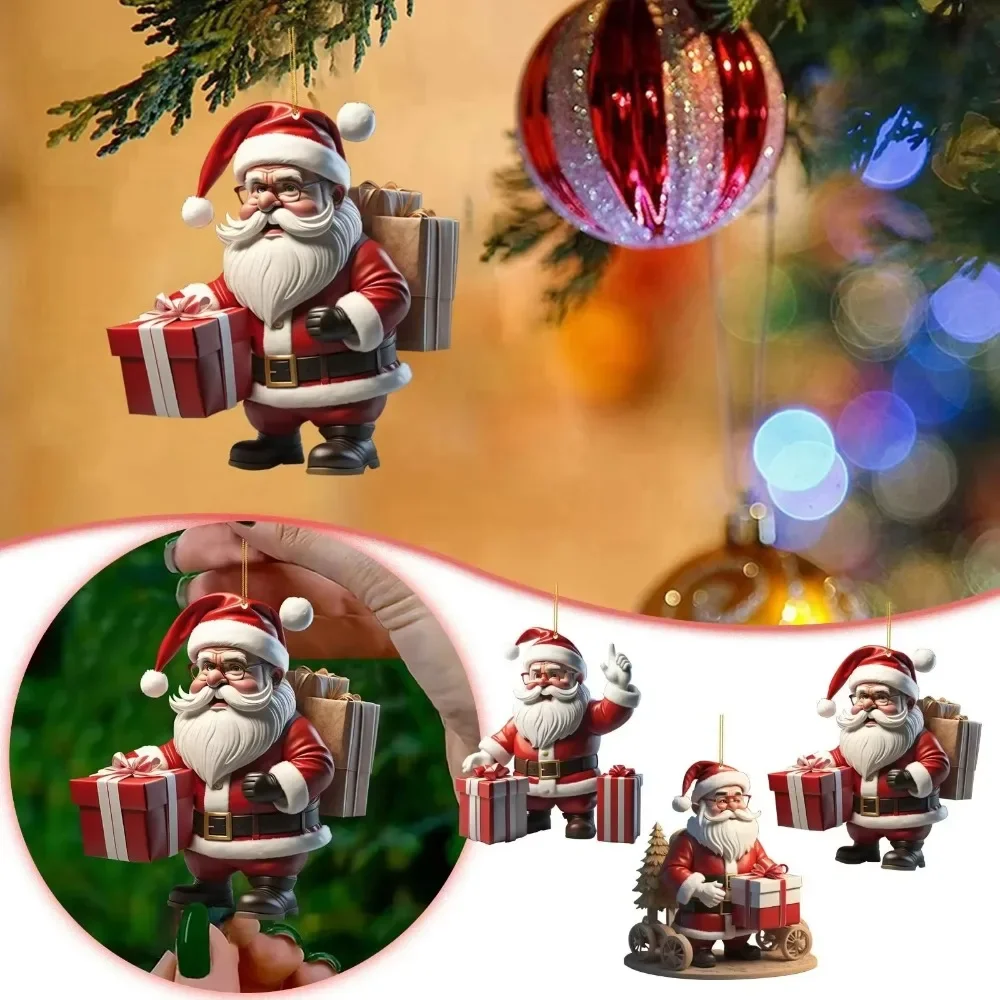 2024 Acrylic Flat Christmas Hanging Decoration Santa Claus Snowman Car Drop Ornaments Xmas Tree Pendant  Merry Christmas Decor