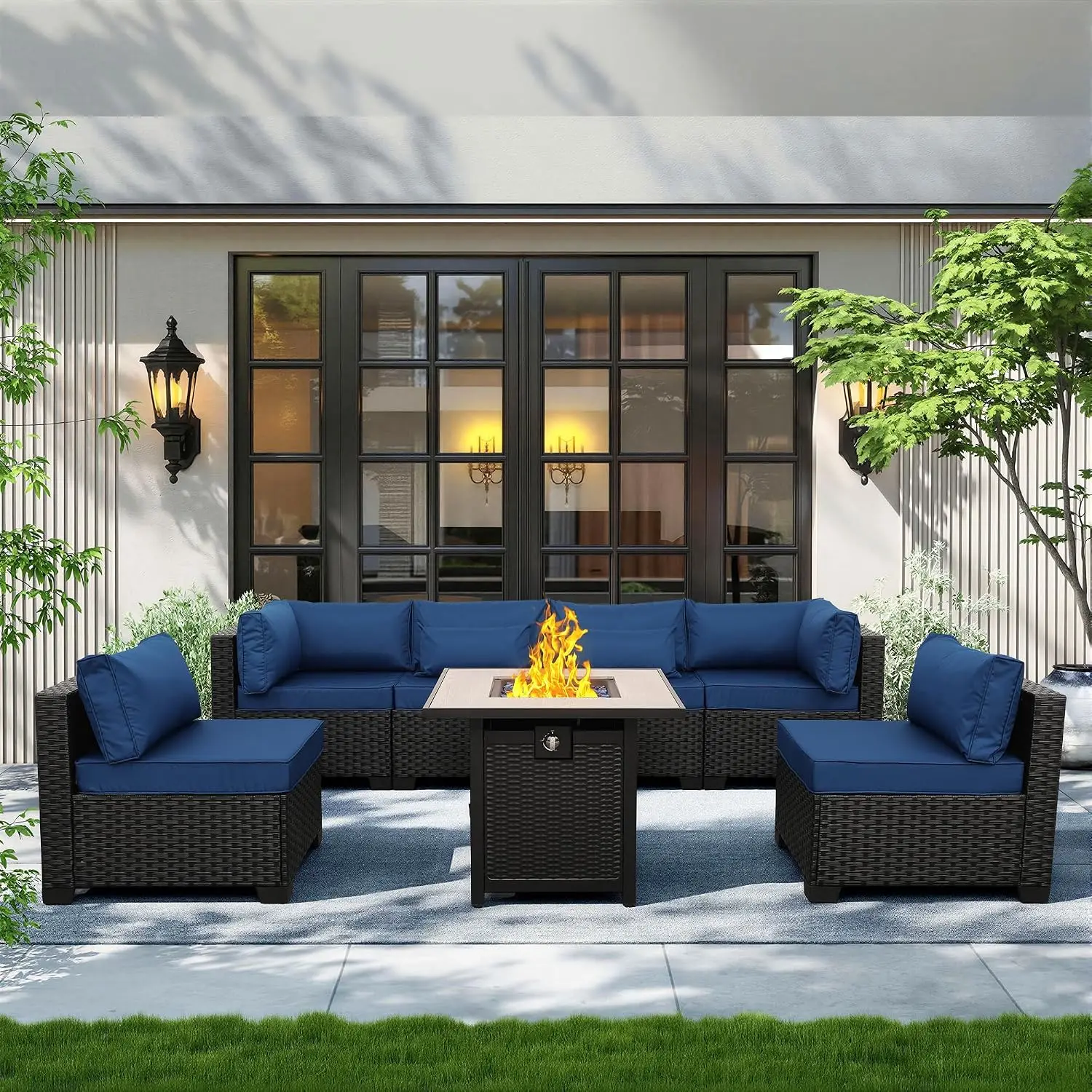 Patio Furniture Set 30 Inches Fire Pit 7-Piece Outdoor Sectional Patio Couch Steel Propane Fire Pit Table, Customized