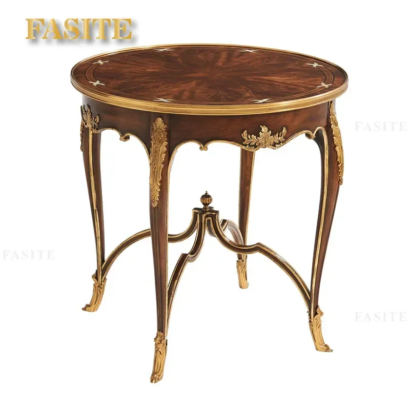 For Neoclassical Living Room Solid Wood Coffee Table Round Edge Carved Flower Design Copper Accent Small Villa Castle