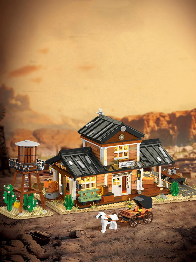 Kreatives Architektur-Modell „Amerikanische Western-Eisenbahn“ aus Bausteinen, Lernspielzeug mit Beleuchtung – Detail 1