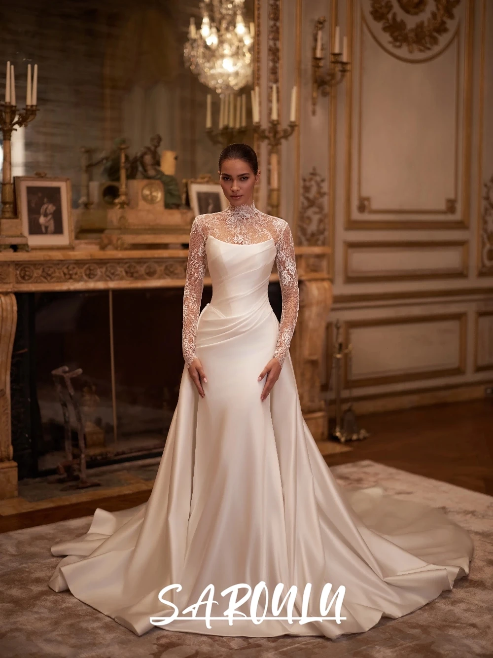Elegant Satin 2 in 1 Wedding Dress Lace Long Sleeved Customzied Bridal Gown Women Delicate High Neckline Corset Bride Wear