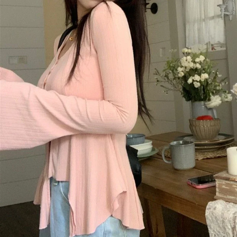 Koszulki damskie z falbankami, rozkloszowane rękawy, seksowne, dopasowane, różowe, jednolite, proste, wiosenne, uniwersalne, codzienne, ulzzang, streetwear damski