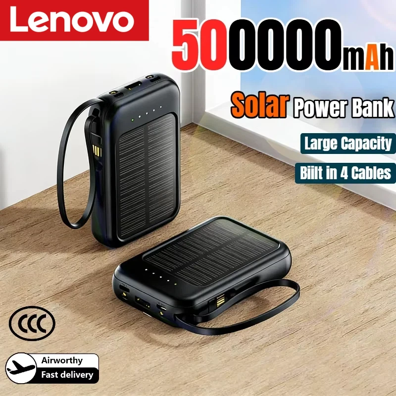 Солнечный внешний аккумулятор Lenovo 500000 мАч, высокая емкость, сверхбыстрая зарядка, встроенные 4 кабеля, портативный аккумулятор для телефонов, запасная батарея для использования на улице